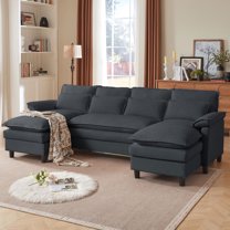 Soscana U Shaped Cloud Couch Sectional Sofa 4 Seat with Double Chaise, Modern Linen Sofa with Waist Pillows for Living Room Apartment Office Studio,Dark Gray