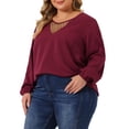 thumbnail image 4 of Agnes Orinda Women's Plus Size Chiffon Blouses V Neck Lace Panel Long Sleeve Casual Tops Shirts 1X Burgundy, 4 of 6