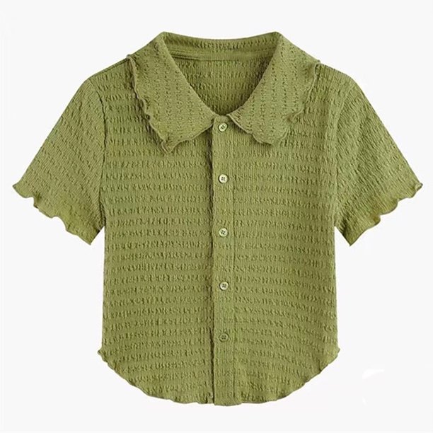 VISgogo, camiseta para mujer, Tops texturizados, manga corta, solapa, cierre de botón frontal, dobladillo curvo, ropa informal estilo lechuga, Tops VISgogo moda