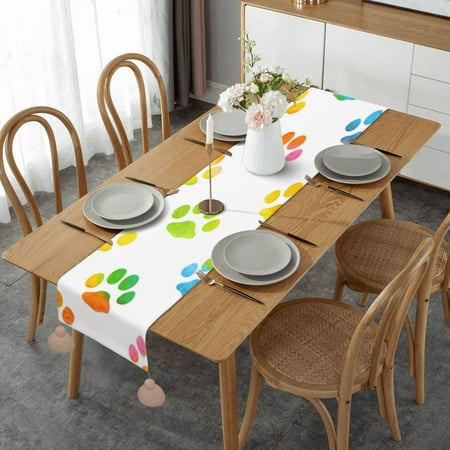 

Watercolor Dog Paws Table Runner Imitation Linen Table Runner With Khaki Tassels For Party And Dining Room 14 x 60
