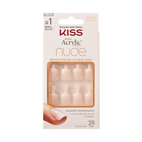 KISS Salon Acrylic Short Squoval Press-on Nails with Glue, Nude French, 28 Pieces