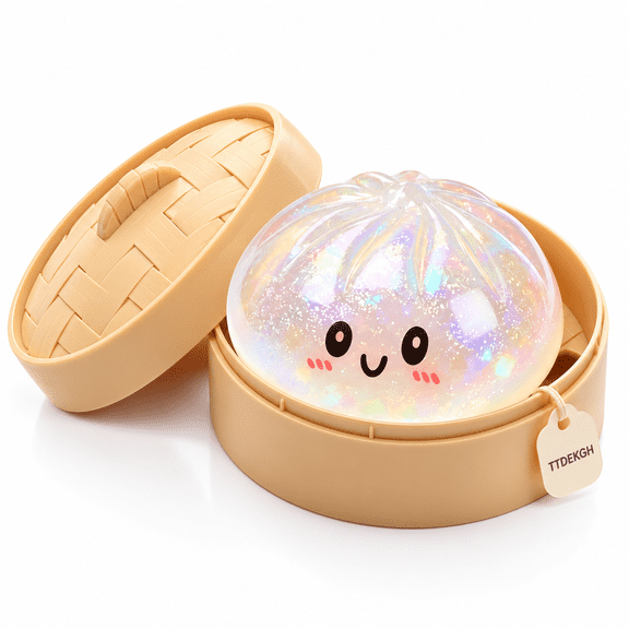 Cute Glitter Dumpling Squishy Toy with Steamer Basket, Kawaii Pink Squishies Stress Ball, Stretchable Sensory Fidget Toy for Kids & Adults Anxiety Relief
