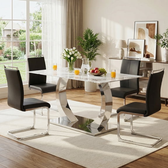 Sumdeal Modern 5-Piece Dining Set: 63" Rectangular Pandora White Tempered Glass Table with Heavy-Duty Silver Stainless Steel Base & 4 Black PU Leather High Back Chairs