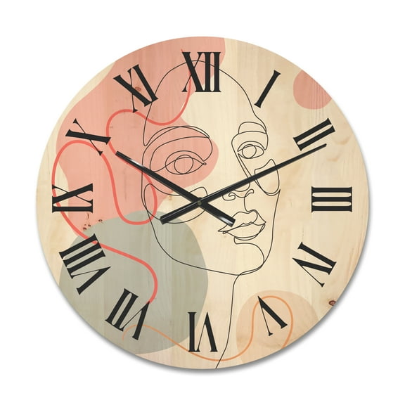 Designart 'One Line Drawing of Young Girl In Pastel Tones' Modern Wood Wall Clock