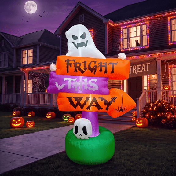 Glazina 7FT Halloween Inflatables Signpost with Ghost and Skull, Blow Up Yard Decor with LED Lights