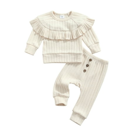 

Toddler Baby Girl Clothes Floral Knitted Ribbed Long Sleeve with Ruffle Tops Bow Long Pants Set for Little Girls