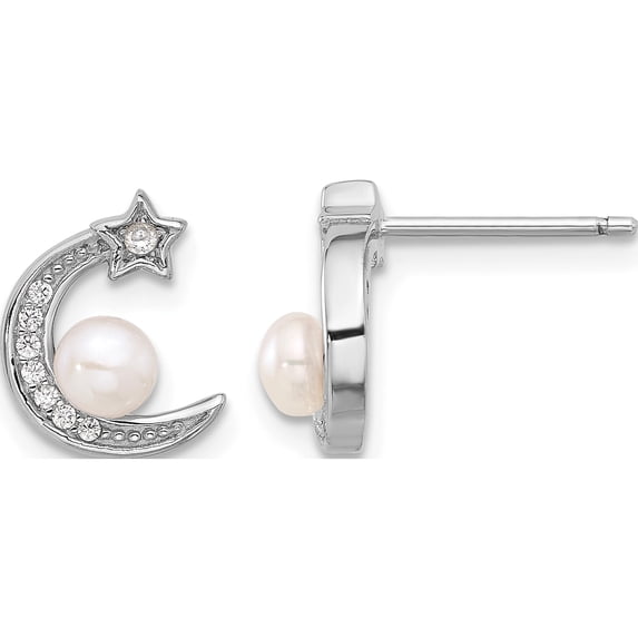 Sterling Silver Rhod-Plated Cz And Fwc Pearl Moon Star Post Earrings (Width 8.7) (Length 11.4) - Jbsp
