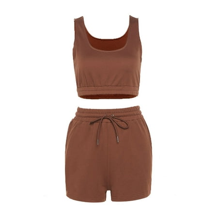 

Women Solid Sportswear 2pcs Sleeveless Crop Top Drawstring Shorts set Tracksuit