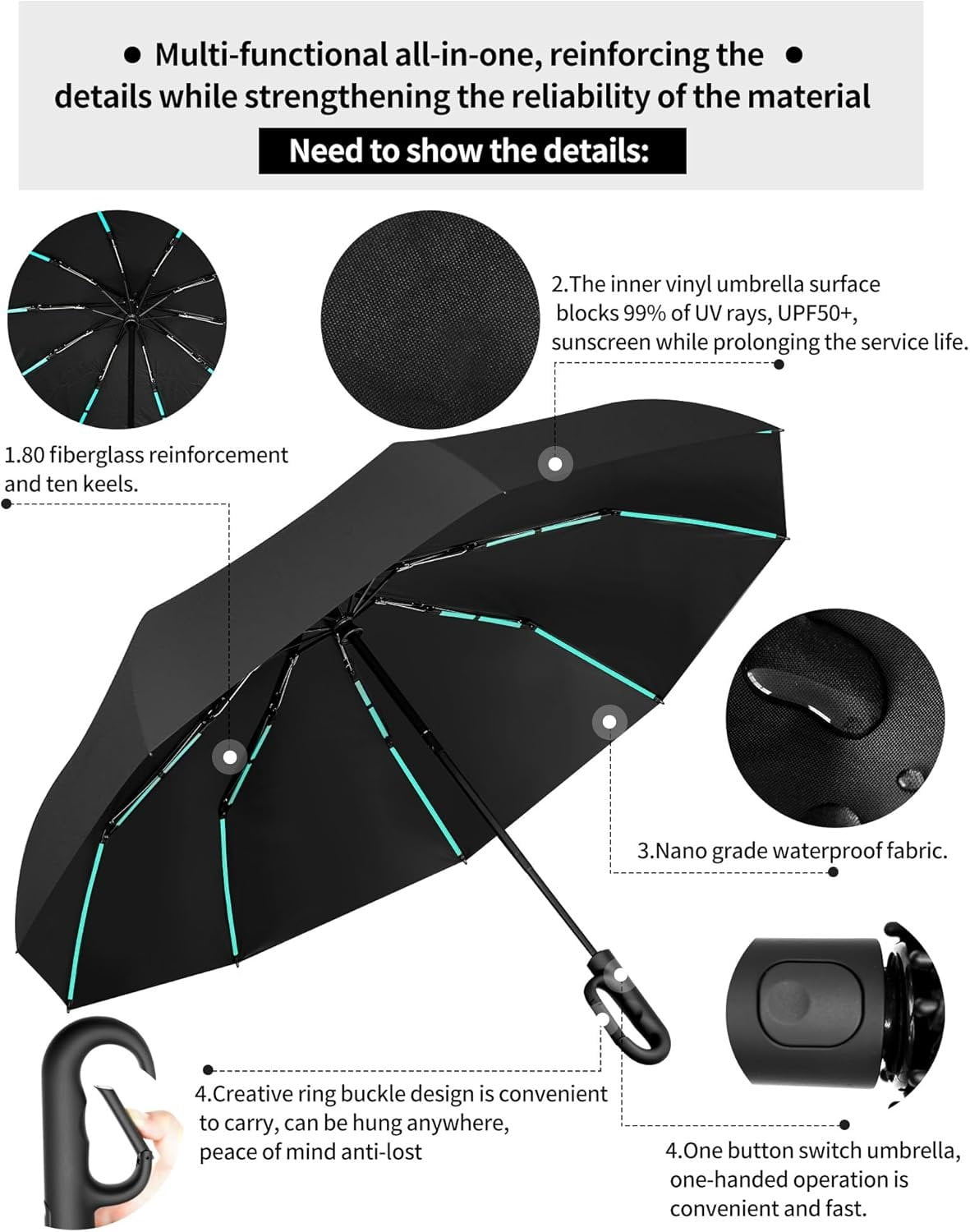 10-Shaft 50-Rib Heavy-Duty Umbrella, Automatic Open/Close with Carabiner Handle, -Weather Wind Resistant & UPF 50+ for Rain and Sun