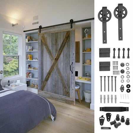 Classic Brass Door Hardware - 6.6ft Sliding Barn Wood Door Hardware For Single Door , Classic Country Roller Track Kit(Black), Add 1 x Pull Handle Set & 1 x Door Lock