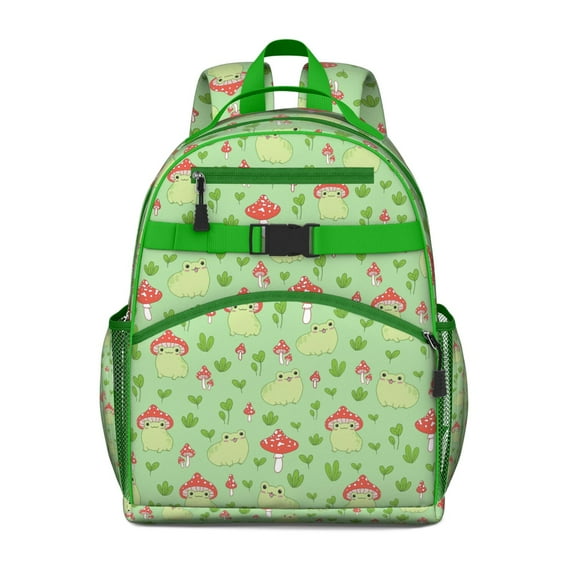 Cute Frog Students Backpack with Artistic Green Frog Print, Forest Mushroom Pattern, and Nature Cartoon for Toddlers