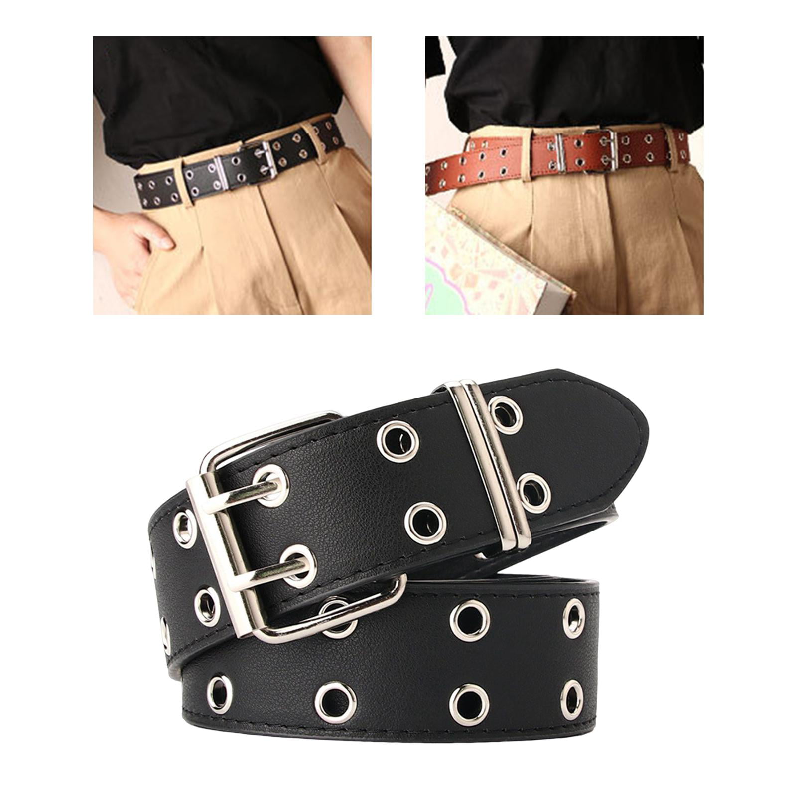 XZQTIVE Double Grommet PU Leather Belt for Women/Men Punk metal Jean Belt  Wide 1.5 Inch at  Women’s Clothing store