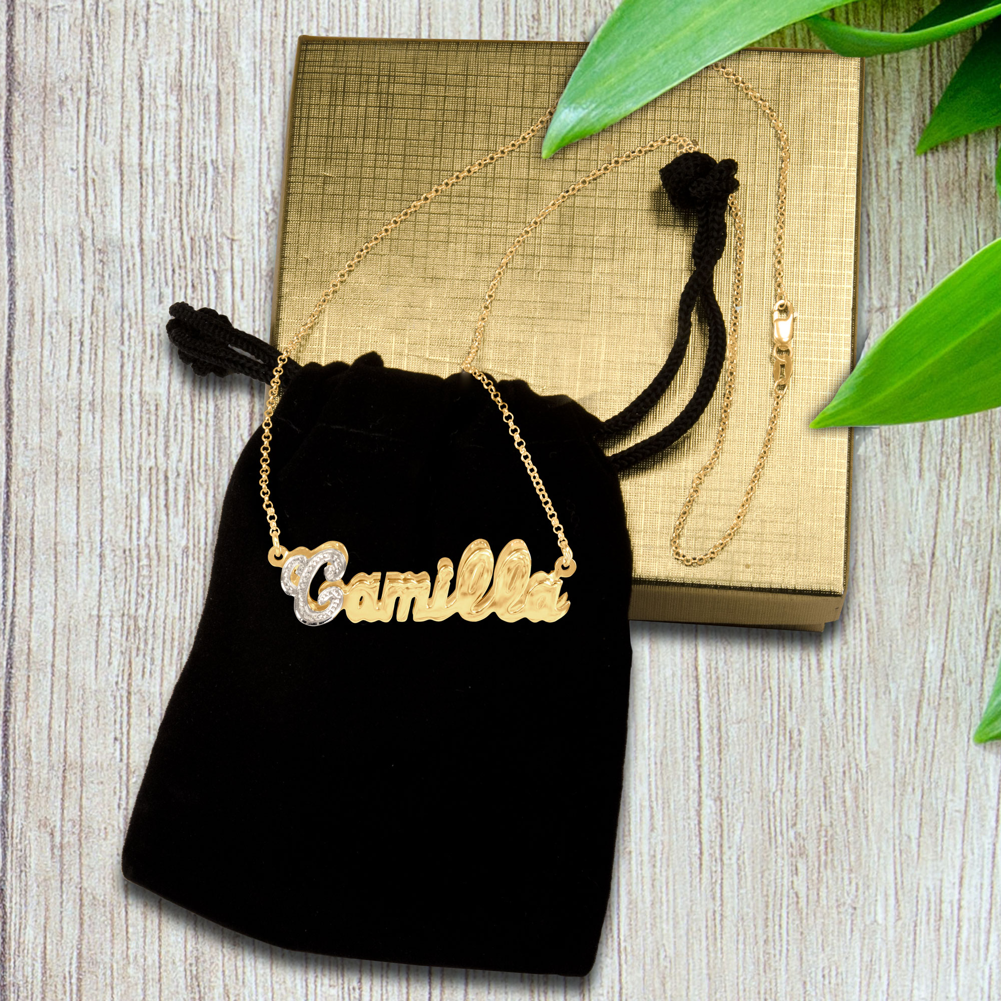Personalized Double 3D Bling Initial Name Necklace in 14K Gold-Plated Sterling Silver