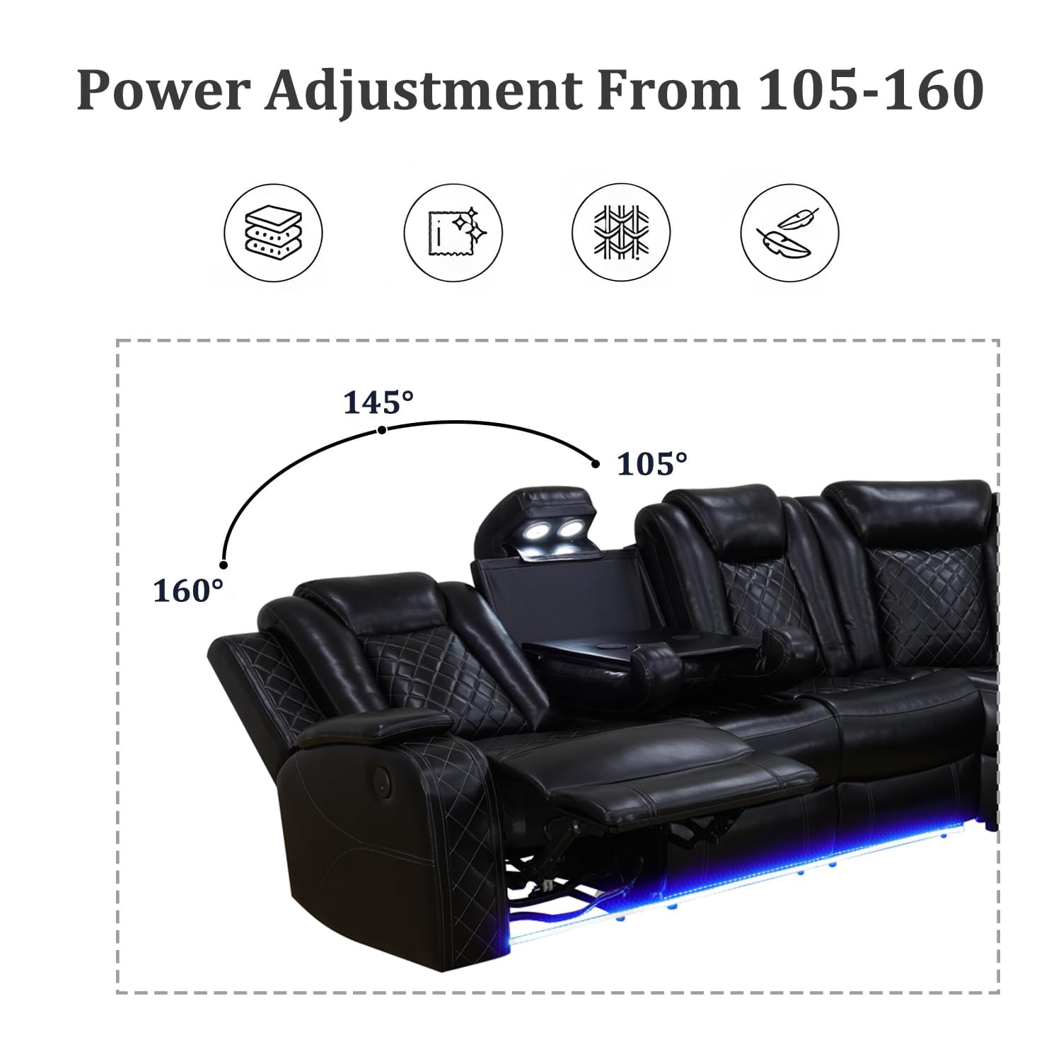 Pon Living Power Recliner Sofa Set, LED-Lit, Black Leather Sectional, USB-Charging, Versatile for Living Room, Apartment, Office, Home Theatre, Ultimate Comfort Experience