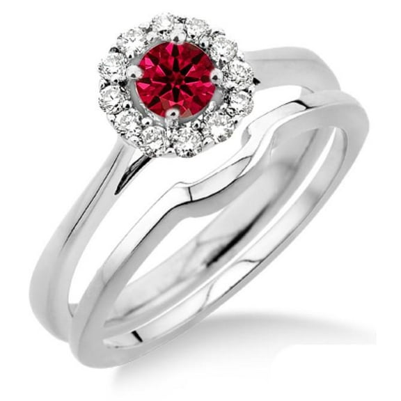 Extraordinary Fantastic Mind Blowing Moissanite Diamond Halo 1.25 Carat Round Red Ruby Bridal set Halo on 10k White Gold