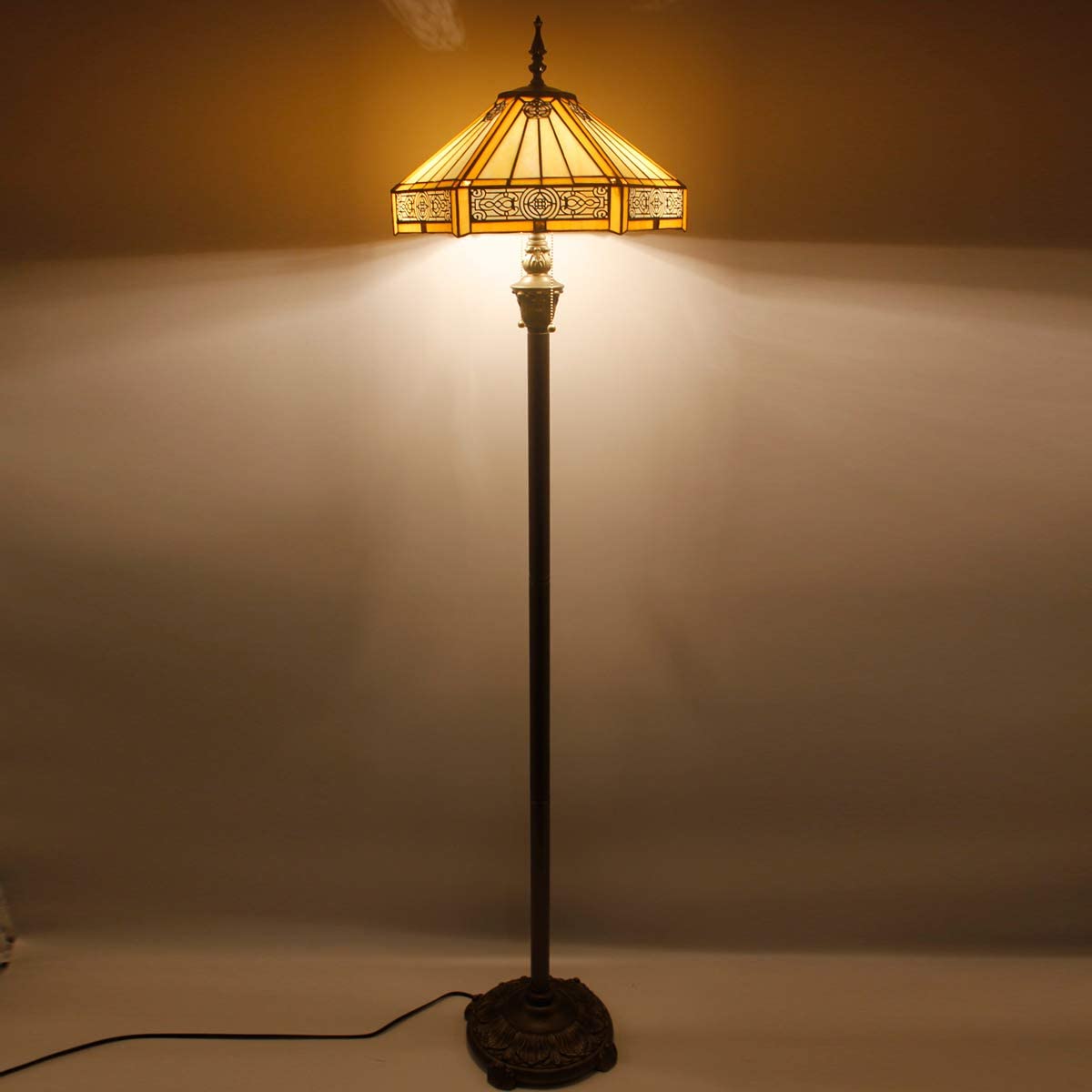 Tiffany Floor Lamp W16H64 Inch Yellow Stained Glass Hexagon Mission Style Shade Antique Standing Read Lighting Resin Base 2E26 S011 LAMPS Lover Gift Bedroom Living Room Bedside Coffee Table