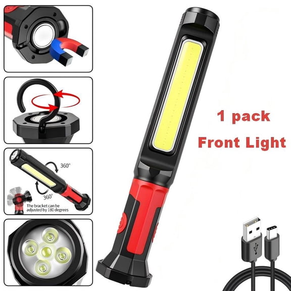 Rechargeable LED COB Work Light, 1 Pack Magnetic Mechanic Work Light with 360° Rotatable Hook, Detachable 5 LED Flashlight Red Warning Light for Car Repair Garage Camping Emergency