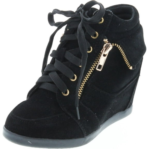 LINK GLADYS-24K Children Girl's Comfort Hidden Wedge Lace Up Ankle Sneakers, Black, 3