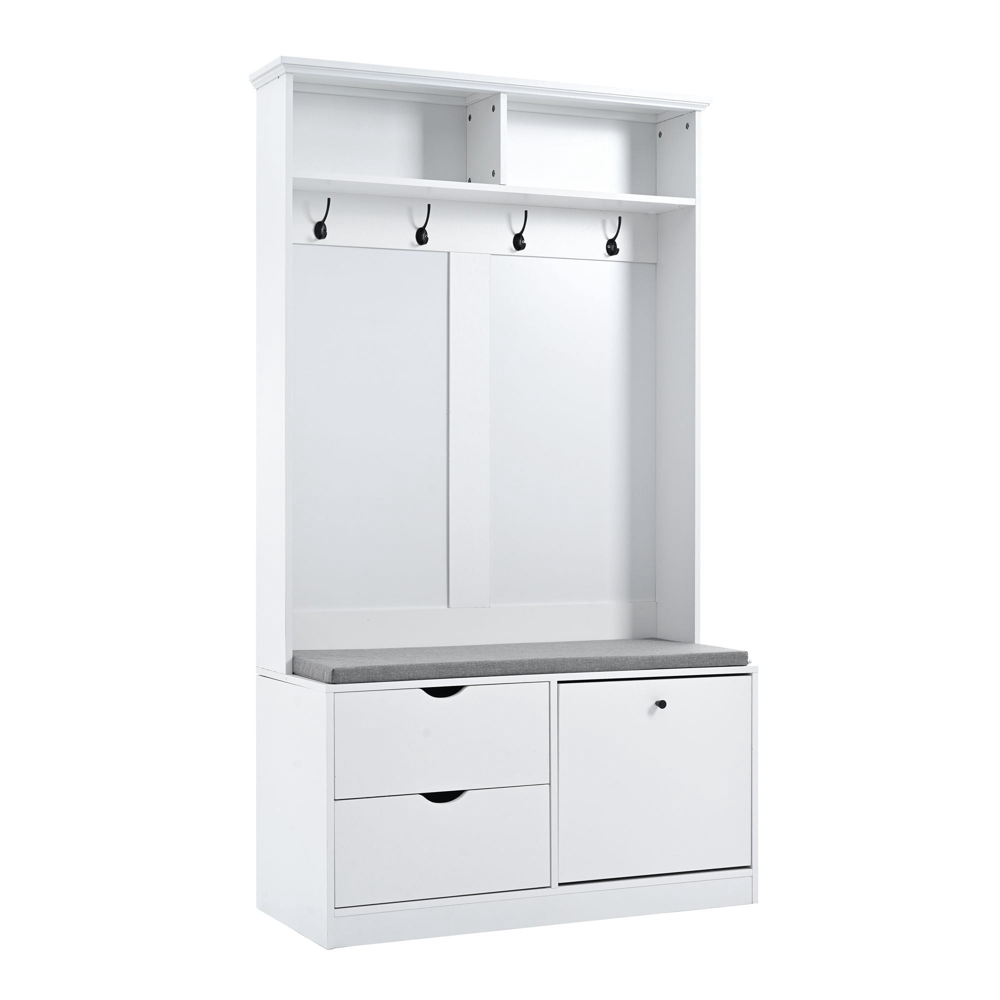 DEALTOPS Modern Hall Tree with Soft Bench, Entryway Coat Racks with Drawers and Shoe Cabinet, White