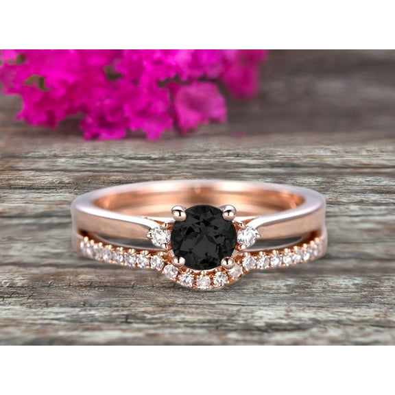 Startling 1.75 Carat Black Diamond Moissanite Round Cut 10k Rose Gold Engagement Ring Anniversary Gift Wedding Set Curved Eternity Ring