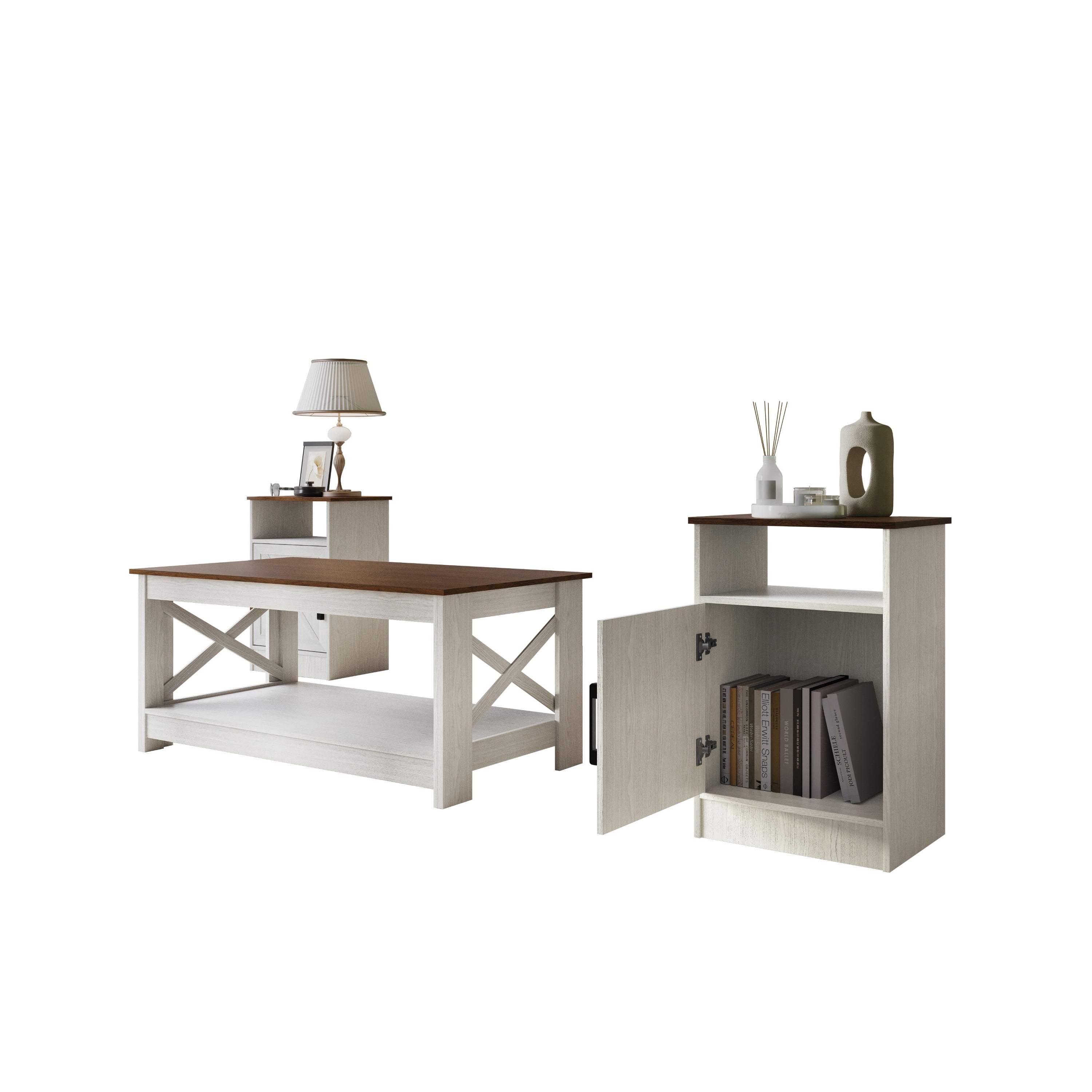 Home Design Lebanon 3 Piece Coffee Table Set - Includes coffee table and 2 end tables, With Soft-Close Doors, Brown/Light Gray, Easy Assembly