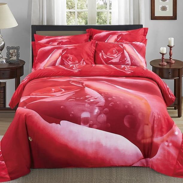 Lujo Algodón Rojo Rosa Imprimir Funda Nórdica Reina Juego de Cama Conjunto de diseño