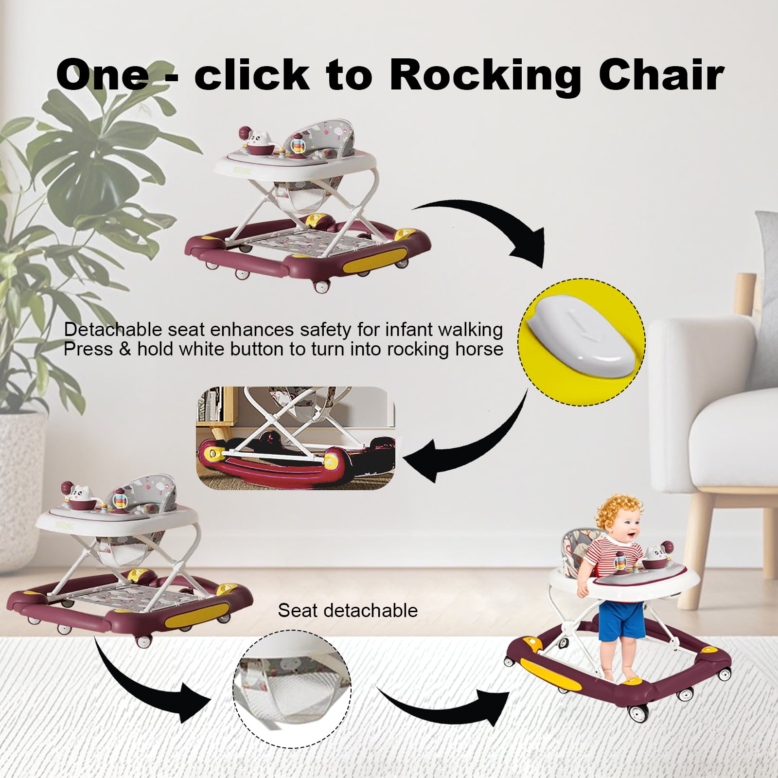 SHIBAILI 6-in-1 Activity Walker & Table - Multi-Function Center,Bouncer,Tray & Music,Red (6+ Months)