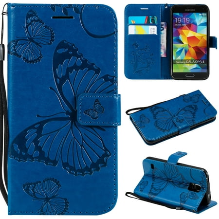 S5 Case, Samsung Galaxy S5 Case - Allytech Premium Wallet PU Leather with Fashion Embossed Floral Butterfly Magnetic Clasp Card Holders Flip Cover with Hand Strap, Blue