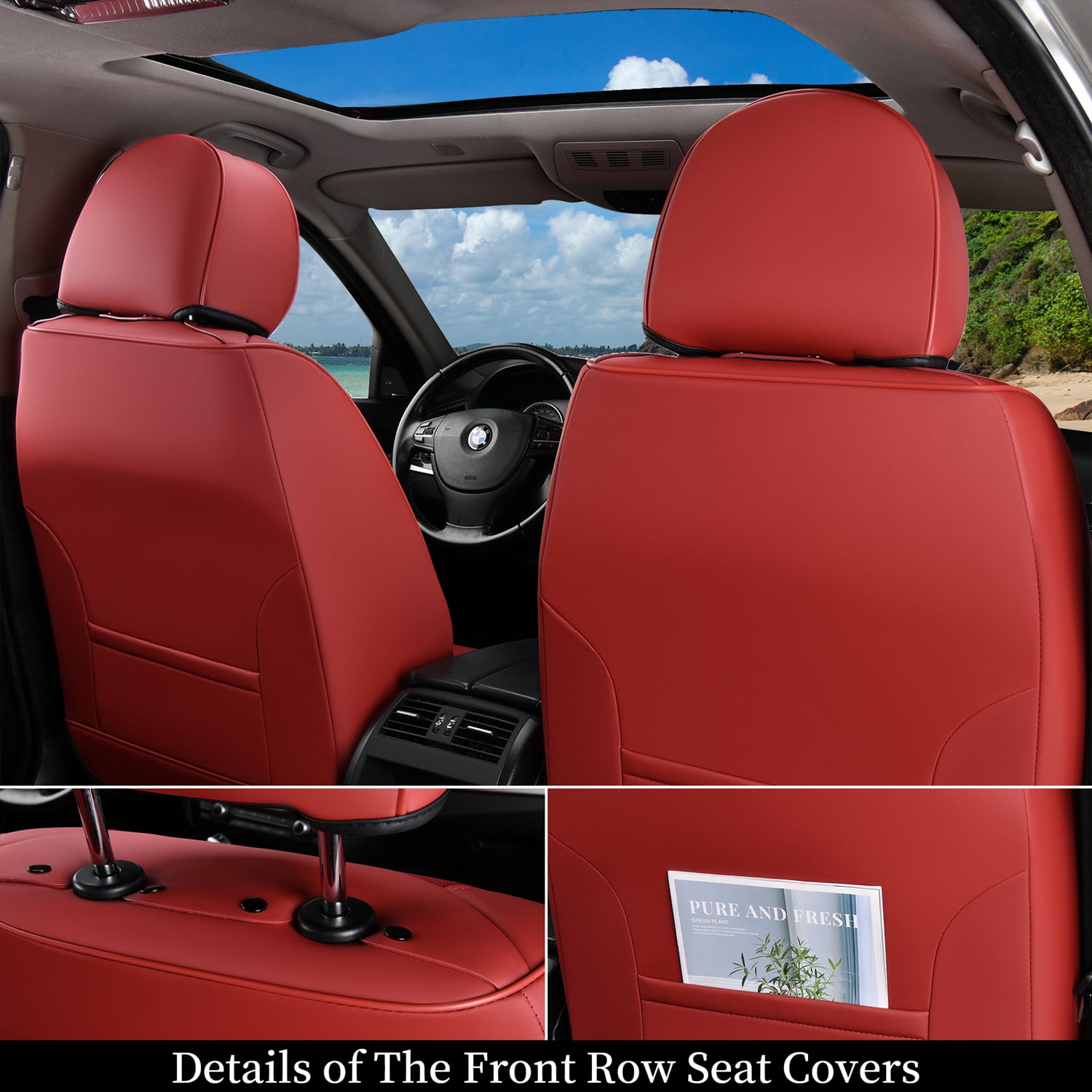 Coverado Red Car Seat Covers Full Set, 5 Seats Leather&Fabric Front and Back Auto Protectors, Breathable Interior Cushions Universal Fit Most Sedans SUV Pickup Trucks