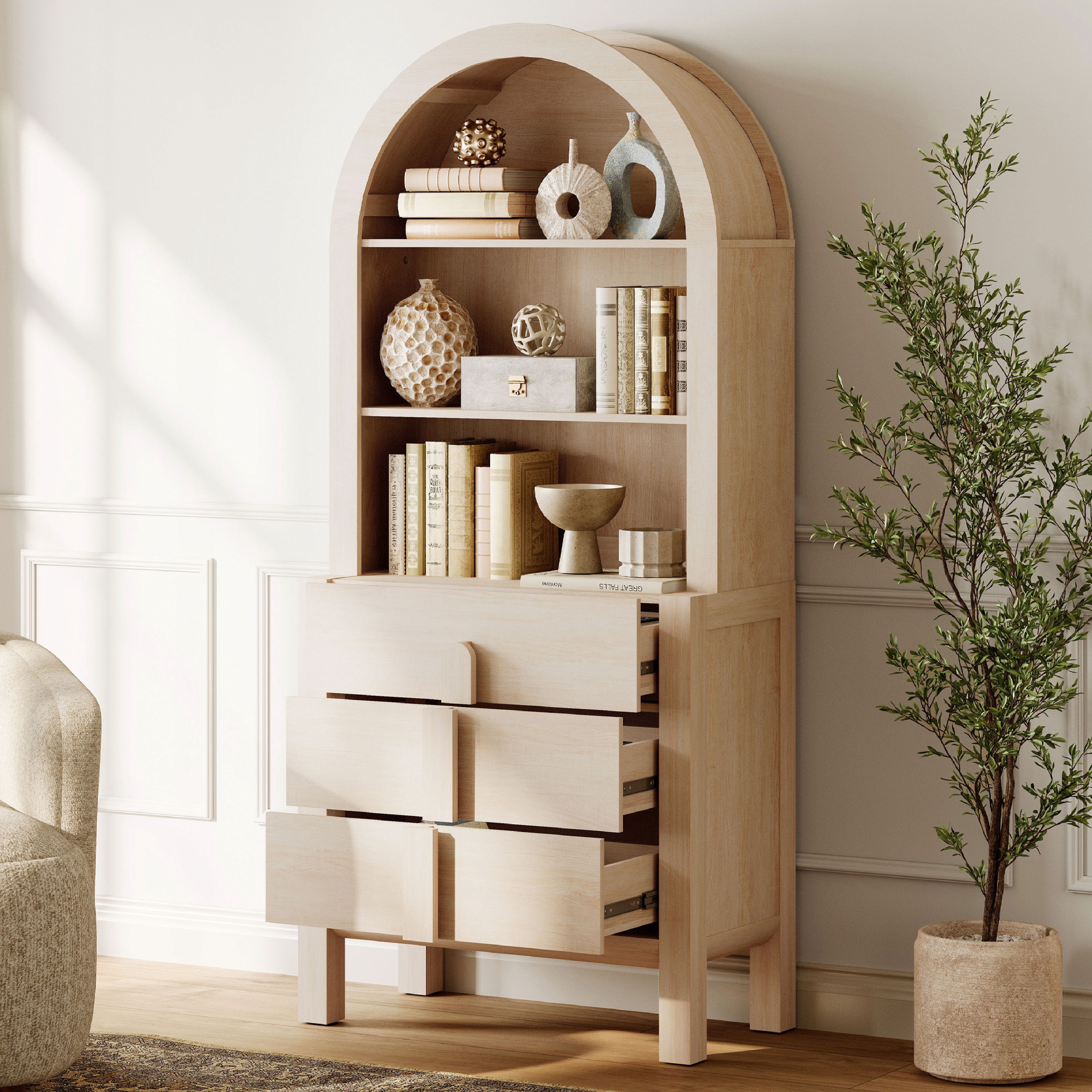 Home Office Set, 53.5" Modern Executive Desk with Charging Station and Drawers & 2 Piece 71"H Tall 3-Tier Arched Bookcases with Open Storage for Living Room, Bedroom, Home Office