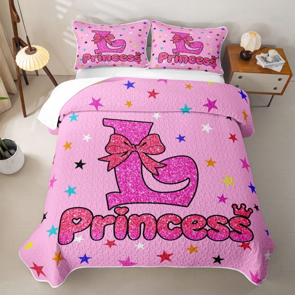 spefrowx Dreamy Princess L Letter Twin Quilt Set for Girls Boys, Kawaii Cartoon Stars Bow Twin Coverlet Set, 2-Piece