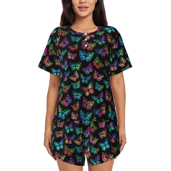 Balery Multicolored Butterflies Conjunto de Pijama para Mujer con Estampado, Dos Piezas de Manga Corta y Shorts, Ropa de Dormir Suave con Cuello Redondo y Bolsillos-Small