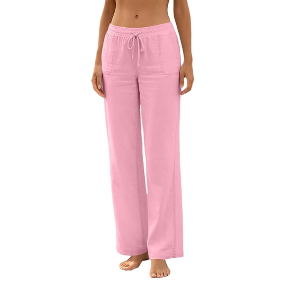 Yievot Summer Linen Pants for Women Drawstring Wide Leg Casual Pants Elastic Waist Vacation Beach Pants with Pockets