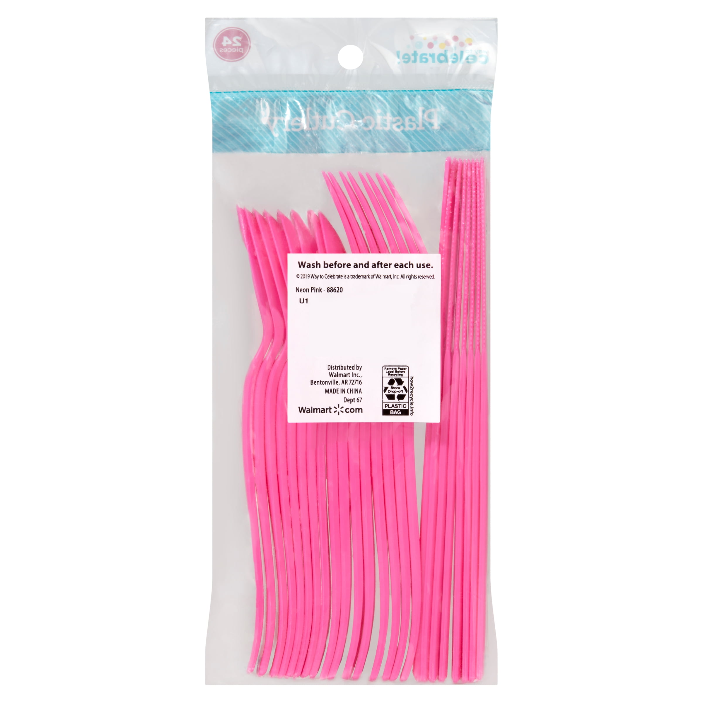 Disposable Plastic Cutlery Set, Neon Pink, 24 Pieces, by Way To Celebrate