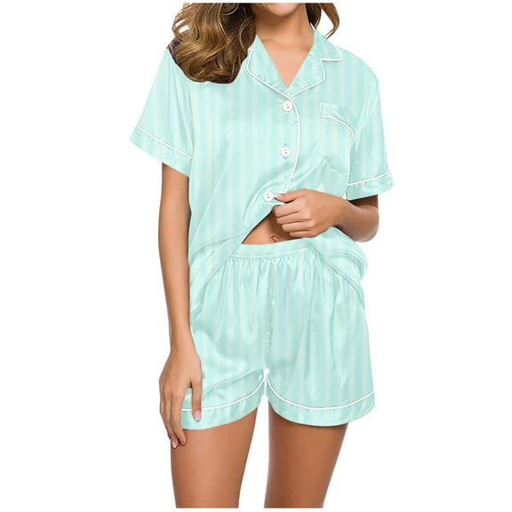 Ohufall Summer Pajama Sets for Women Soft Comfy Stripe Printed Button-Down Pj Sets Short Sleeve Pocket Lapel Tops with Elastic Waist Shorts Womens 2 Piece Loungewear Sets
