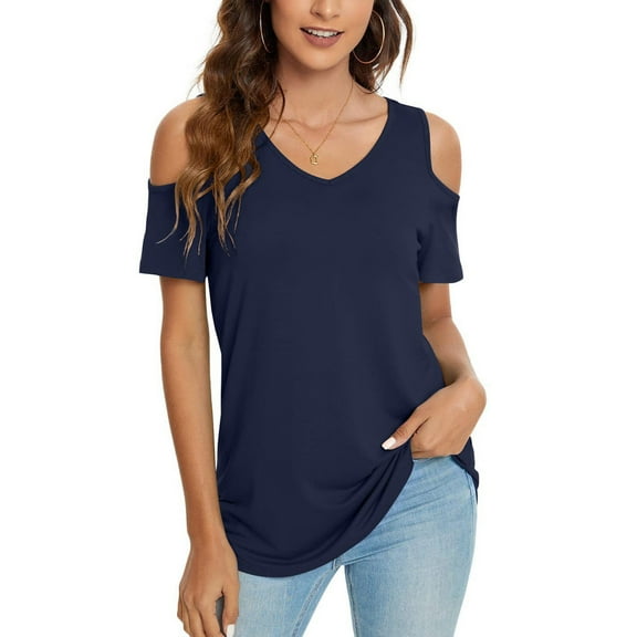 QENGING Women's Short Sleeve Casual Solid V-Neck Loose T-Shirt Pullover Juniors Tops