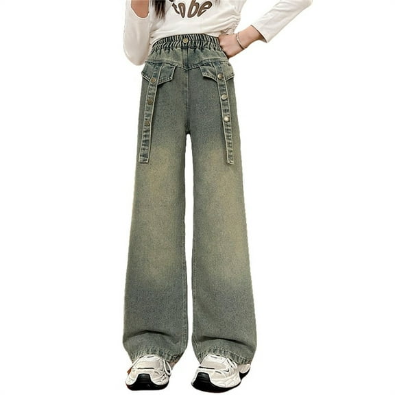 Ruyang Girls Fashion Wash Wide Leg Jeans High Waist Baggy Elastic Straight Trousers All Seasons Streetwear Denim Pants