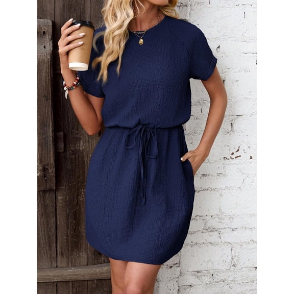 Navy Blue Womens Casual Short Sleeve Round Neck Waist Tie Mini Dress With Raglan Sleeve