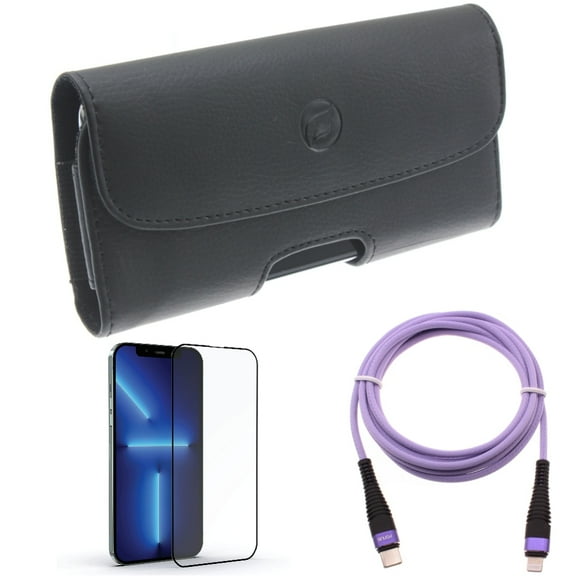 Purple 6ft PD Cable & Screen Protector & Case Belt Clip for iPhone 13 Pro Max ONLY - USB-C Long Cord Fast Charger   Anti-Glare Tempered Glass Matte   Leather Holster Cover Combo