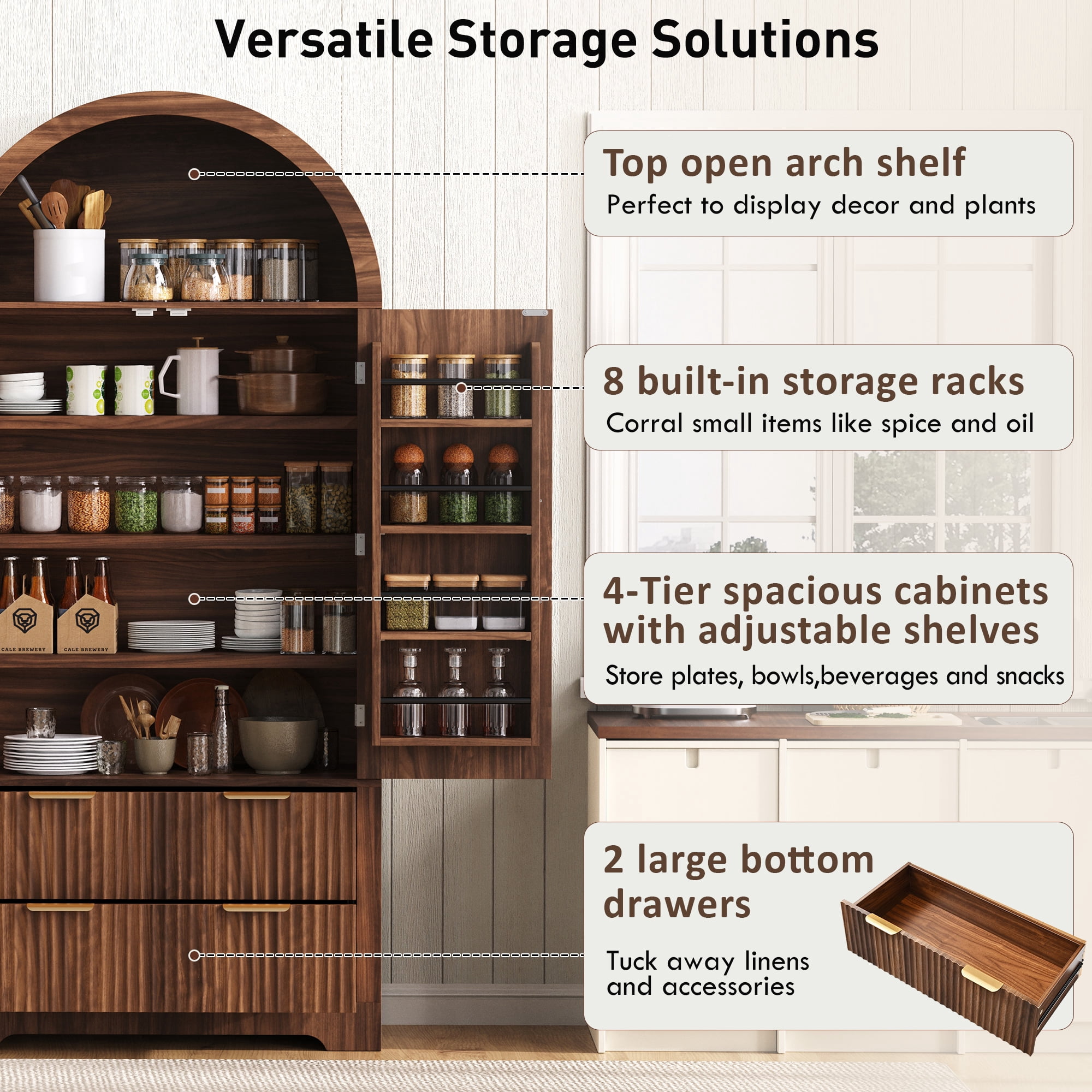 Homy Casa 72" Tall Arched Pantry Cabinet with Fluted Doors, Adjustable Shelves and 2 Drawers, Walnut