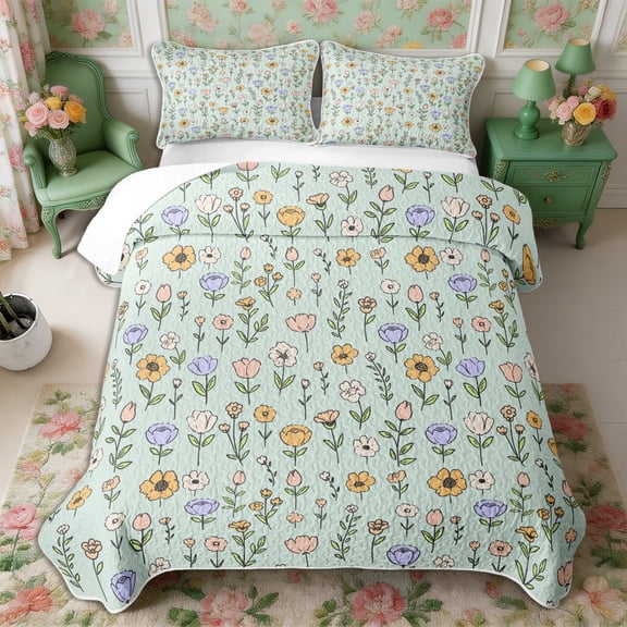 Manfei Kawaii Rustic Wildflower Twin Quilt Set 2 Pieces,Cottagecore Blossom Twin Coverlet Set,1 Bedspread and 1 Pillowcase