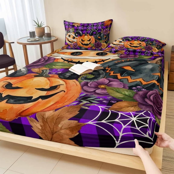 Queen Size Fitted Sheet Set - Pumpkins Halloween 3 Piece Bedding Sets 16" Deep Pocket Fitted Sheet with 2 Pillowcases, Black Horror Purple Check Floral Brushed Microfiber Hotel Luxury Bed Sheets
