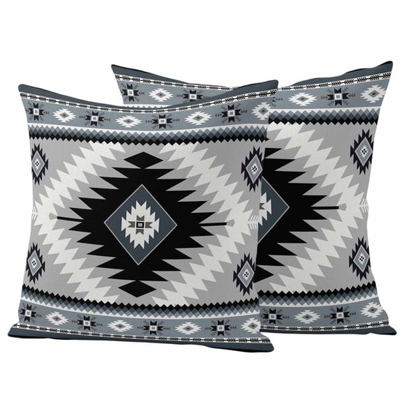 Haze Blue Boho Outdoor Waterproof Pillow Covers, Farmhouse Retro Southwest Aztec Motifs Decorative Square Throw Pillowcase Sofa Cushion Sham for Patio/Couch/Chair, 16"x16" 2 Pack