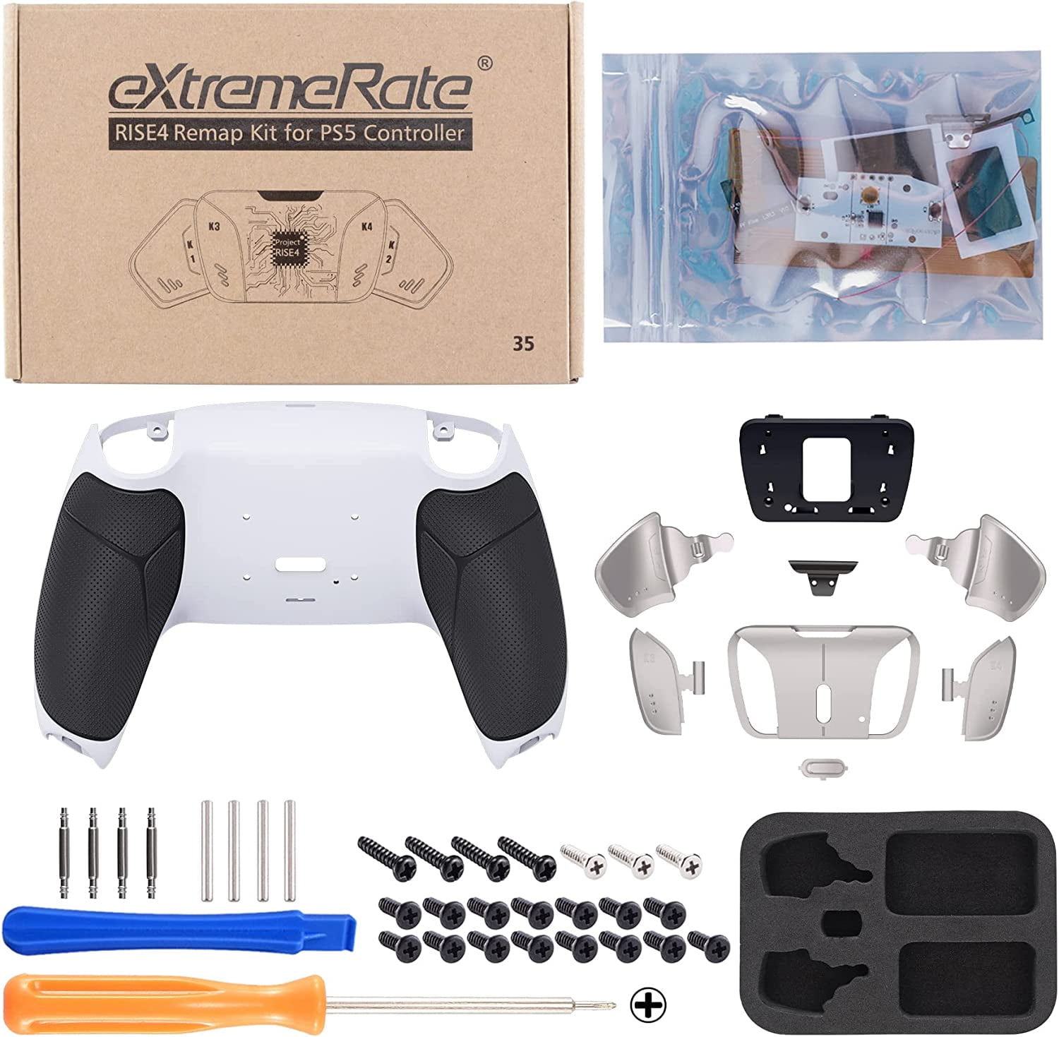 eXtremeRate Silver Real Metal Buttons (RMB) Version RISE4 Remap Kit for PS5 Controller BDM-030 with Black Rubberized Grip Redesigned White Back Shell, Upgrade Board & 4 Back Buttons for PS5 Controller