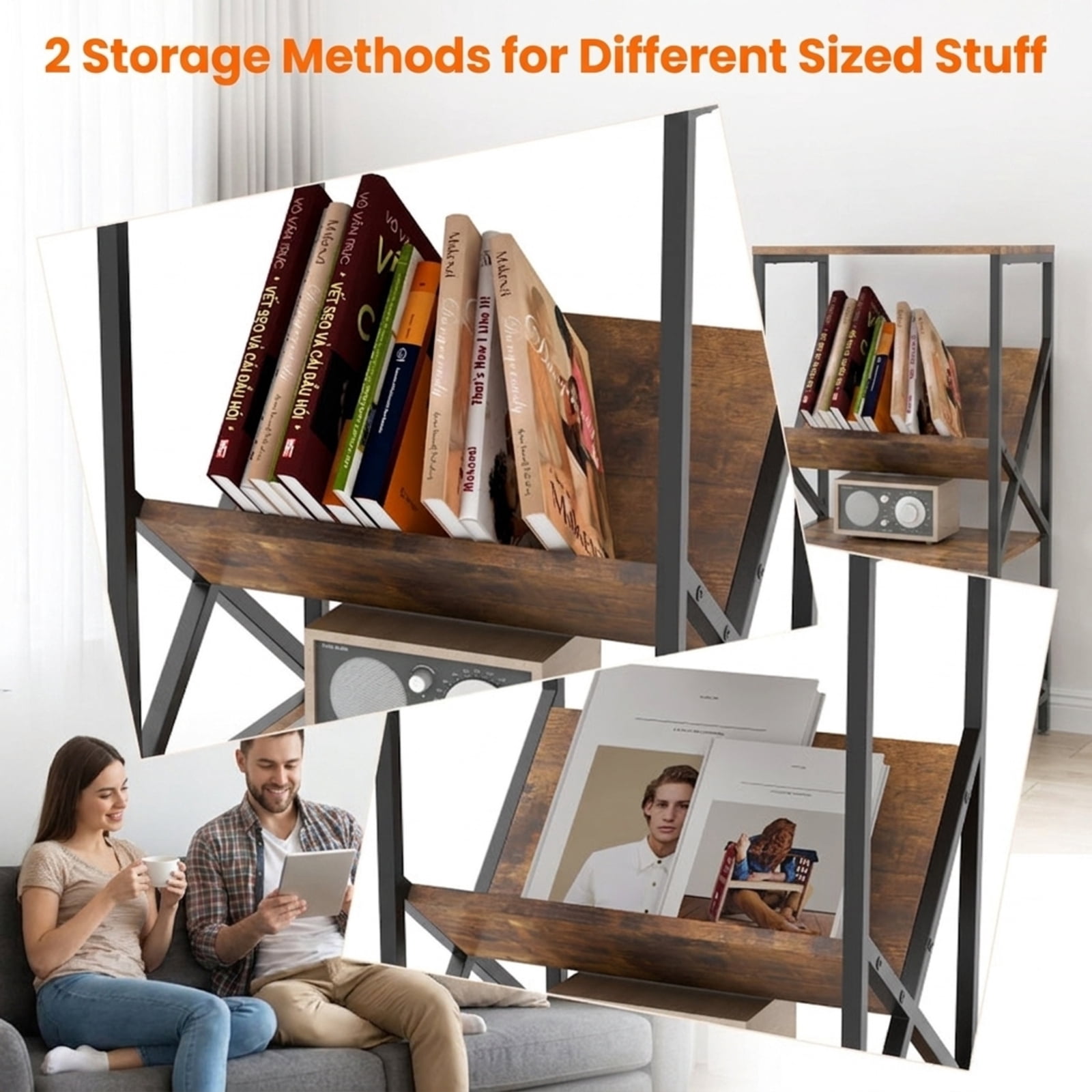 Furnibear 3-Tier Industrial Side Table with V-shaped Bookshelf for Living Room for Living Room Bedroom Sofa Side Nightstand Small Spaces, Rustic Brown