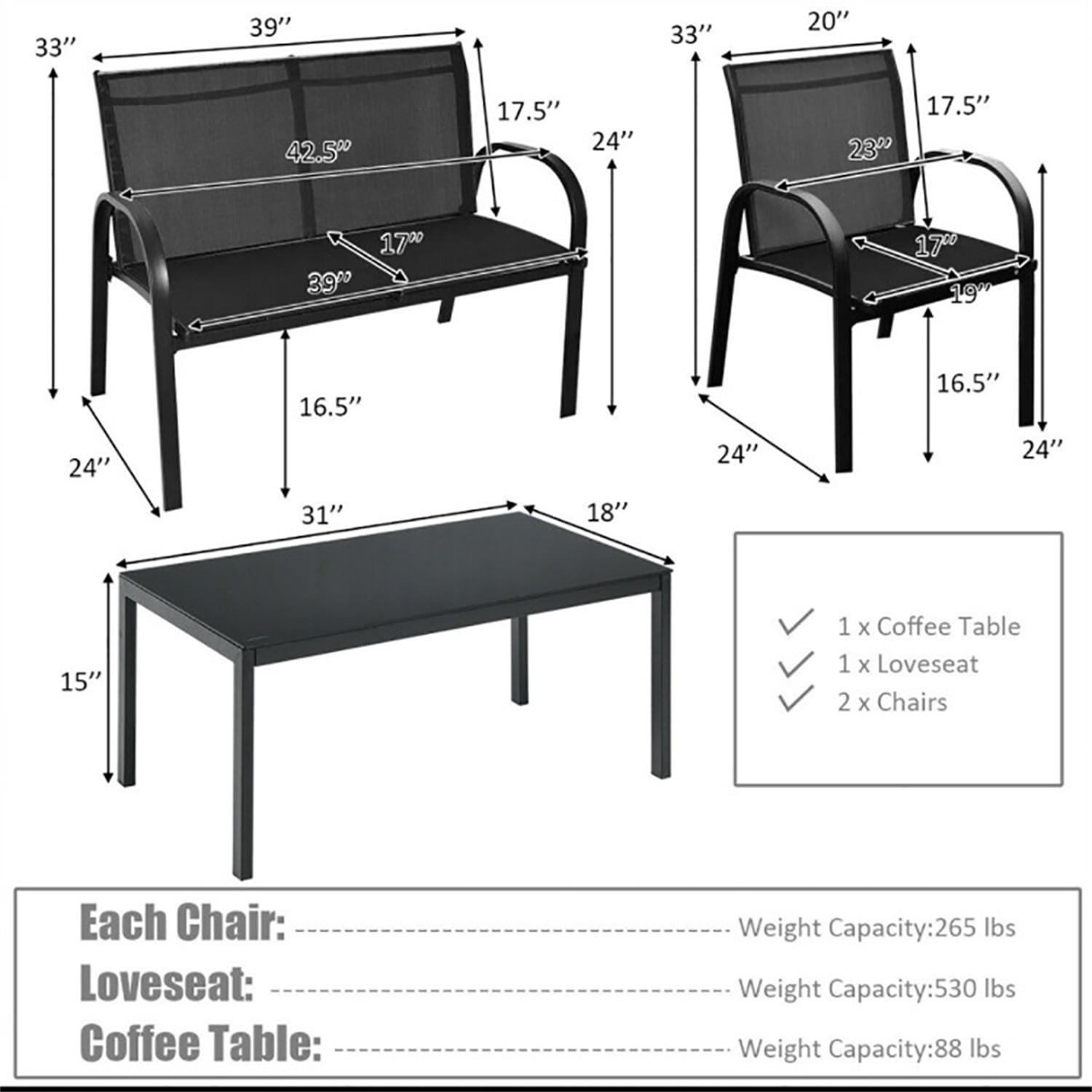 Aimee Lii 4 Pieces Patio Furniture Set with Glass Top Coffee Table, Outdoor Patio Set Aimee Lii 4 Pieces Patio Furniture Set with Glass Top Coffee Table, Outdoor Patio Set