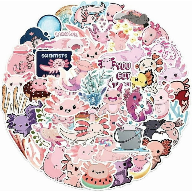 Cute Axolotl Stickers, Kawaii Pink Animals Stickers Pack, 50PCS Vinyl Waterproof Stickers for Water Bottle, Laptop, Scrapbook, Phone, Skateboard, Aest