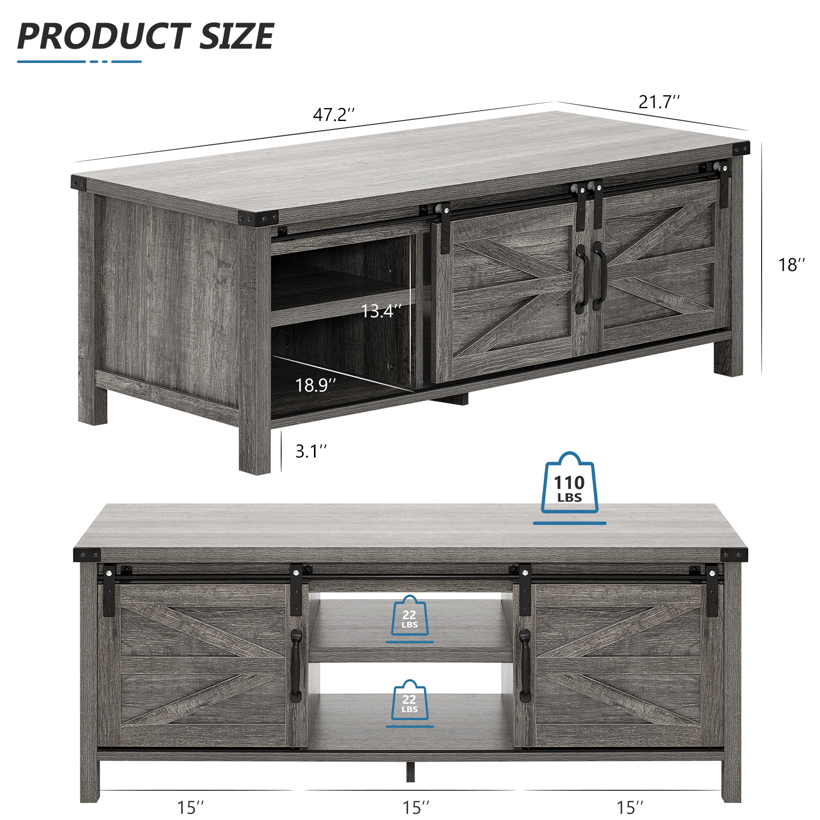 Yaoping 48" Modern Farmhouse Coffee Table with Adjustable Storage Cabinets Shelves, Modern Coffee Table for Living Room with Sliding Barn Door