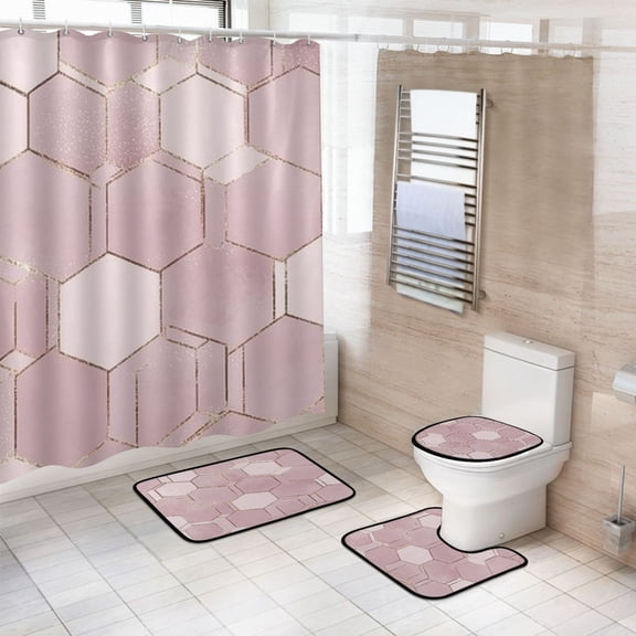 4-Piece Bathroom Set with Waterproof Shower Curtain with Non-Slip Bath Mat, U-Shaped Mat & Toilet Lid Cover Blush Pink Hexagon