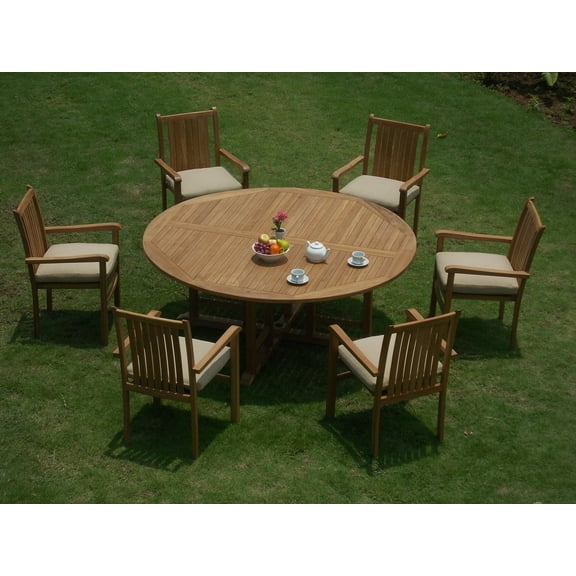 Teak Dining Set:6 Seater 7 Pc -72" Round Table And 6 Cahyo Stacking Arm Chairs Outdoor Patio Grade-A Teak Wood WholesaleTeak #WMDSCH4